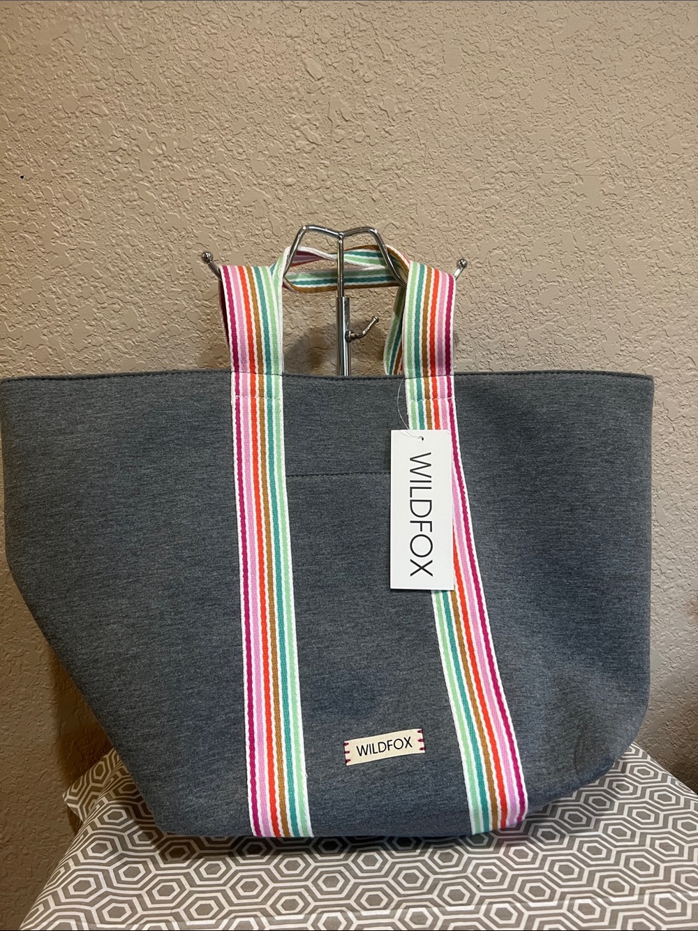 Wildfox Gray Tote with Rainbow Stripe Handles